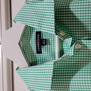 Women Lands End Supima Cotton Shirt Blouse Sz 12 Green Check French Cuff NEW